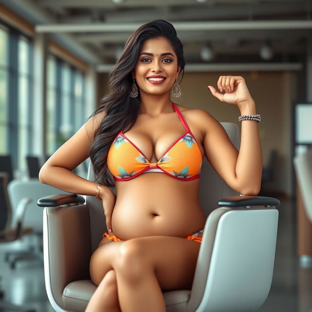 A confident woman resembling Shruti Haasan, in a vibrant bikini that accentuates her big belly and ample breasts, seated comfortably in a stylish office chair