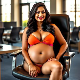 A confident woman resembling Shruti Haasan, in a vibrant bikini that accentuates her big belly and ample breasts, seated comfortably in a stylish office chair