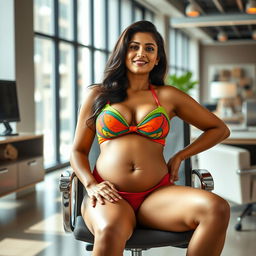 A confident woman resembling Shruti Haasan, in a vibrant bikini that accentuates her big belly and ample breasts, seated comfortably in a stylish office chair
