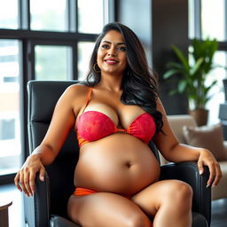 A confident woman resembling Shruti Haasan, in a vibrant bikini that accentuates her big belly and ample breasts, seated comfortably in a stylish office chair