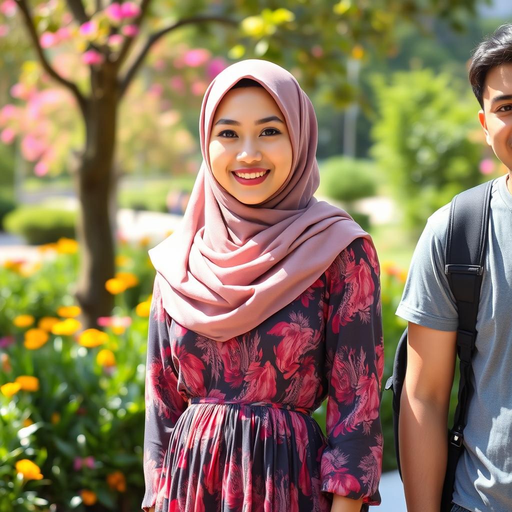 A beautiful young Muslim woman in a stylish hijab, standing confidently beside a casual-dressed individual