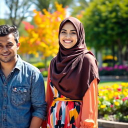 A beautiful young Muslim woman in a stylish hijab, standing confidently beside a casual-dressed individual