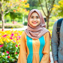 A beautiful young Muslim woman in a stylish hijab, standing confidently beside a casual-dressed individual