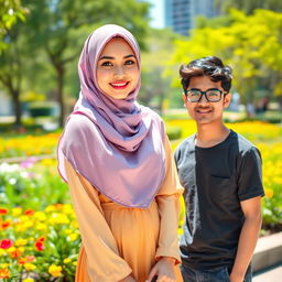 A beautiful young Muslim woman in a stylish hijab, standing confidently beside a casual-dressed individual