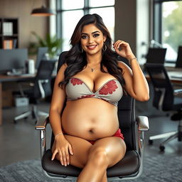A confident woman resembling Shruti Haasan, wearing a fashionable bikini that showcases her big belly and voluptuous breasts, seated gracefully on a contemporary office chair