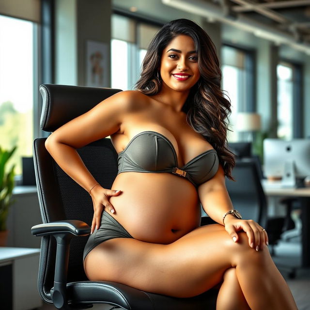 A confident woman resembling Shruti Haasan, wearing a fashionable bikini that showcases her big belly and voluptuous breasts, seated gracefully on a contemporary office chair