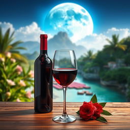 A beautiful still life scene featuring a red wine bottle elegantly placed on a wooden table