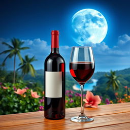 A beautiful still life scene featuring a red wine bottle elegantly placed on a wooden table