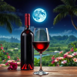 A beautiful still life scene featuring a red wine bottle elegantly placed on a wooden table