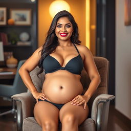 A striking woman resembling Shruti Haasan, confidently sitting on a plush office chair, wearing a stylish bikini that beautifully showcases her big belly and ample breasts