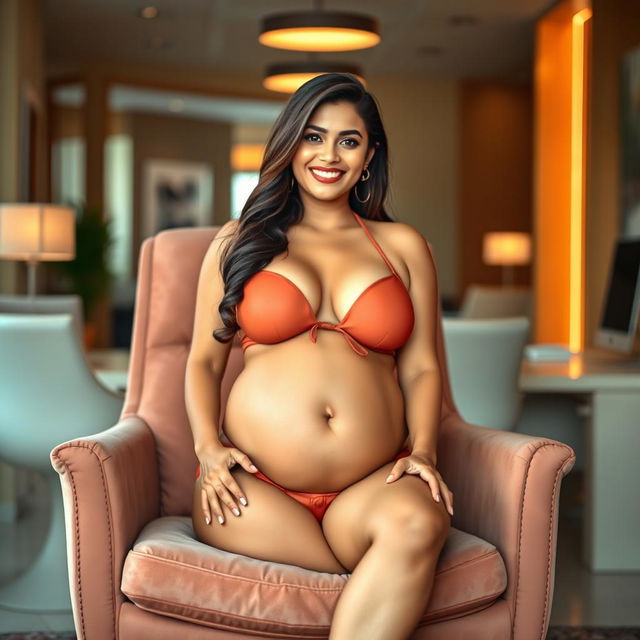 A striking woman resembling Shruti Haasan, confidently sitting on a plush office chair, wearing a stylish bikini that beautifully showcases her big belly and ample breasts