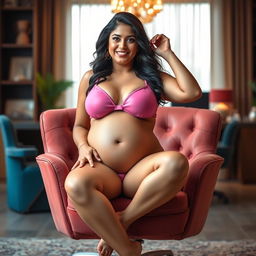A striking woman resembling Shruti Haasan, confidently sitting on a plush office chair, wearing a stylish bikini that beautifully showcases her big belly and ample breasts