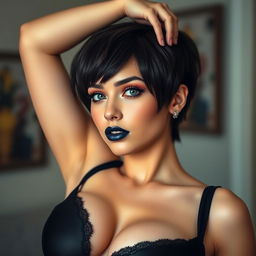 A hot girl with short hair and big, sexy breasts is stretching her hand above her head, showcasing her alluring figure