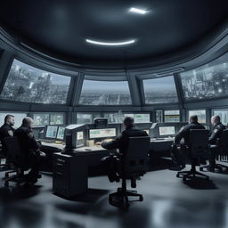 A well-lit glass penthouse office designed as a SWAT control room with 5 officers at screens on an arc console, plus another officer sitting alone at a detached desk and screen, drawing elements from the design given in the link.