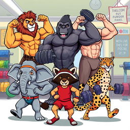 A comic-style illustration of various animals as muscular bodybuilders, showcasing their unique traits