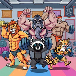 A comic-style illustration of various animals as muscular bodybuilders, showcasing their unique traits