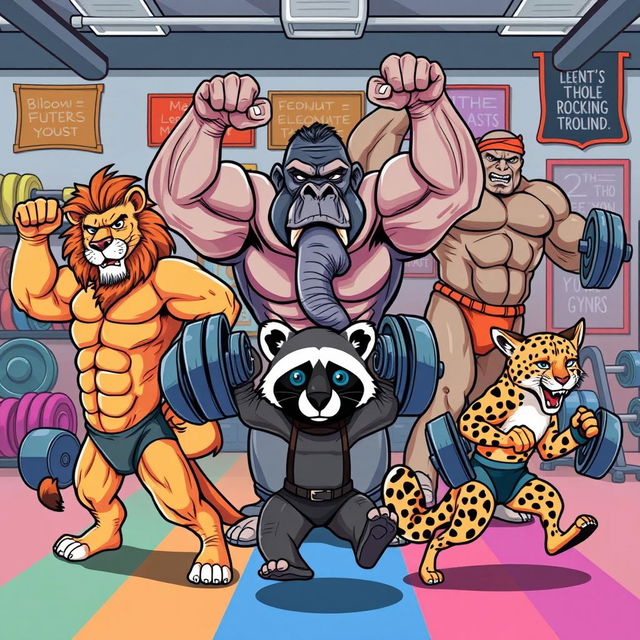 A comic-style illustration of various animals as muscular bodybuilders, showcasing their unique traits