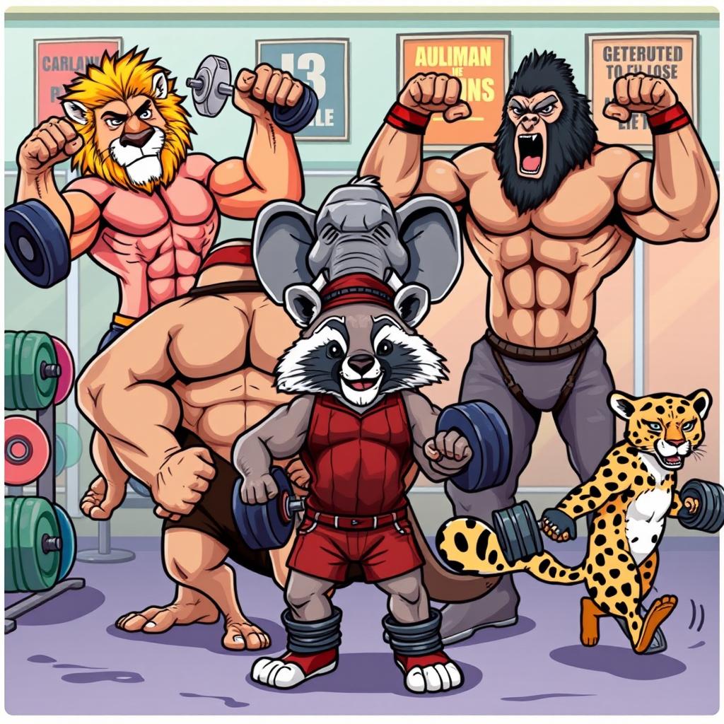 A comic-style illustration of various animals as muscular bodybuilders, showcasing their unique traits