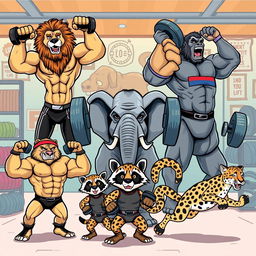 A comic-style illustration of various animals as muscular bodybuilders, showcasing their unique traits