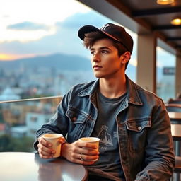 A stylish young adult male sitting casually at a café with a beautiful cityscape in the background during sunset