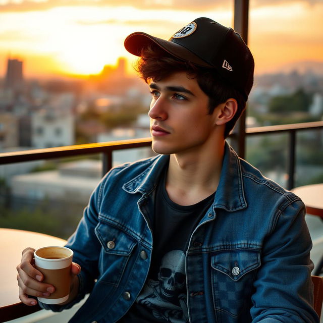 A stylish young adult male sitting casually at a café with a beautiful cityscape in the background during sunset