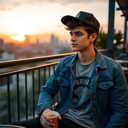 A stylish young adult male sitting casually at a café with a beautiful cityscape in the background during sunset