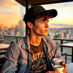 A stylish young adult male sitting casually at a café with a beautiful cityscape in the background during sunset
