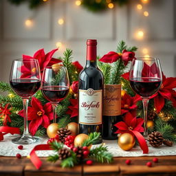 A beautifully arranged wine display with a classic and festive Christmas theme