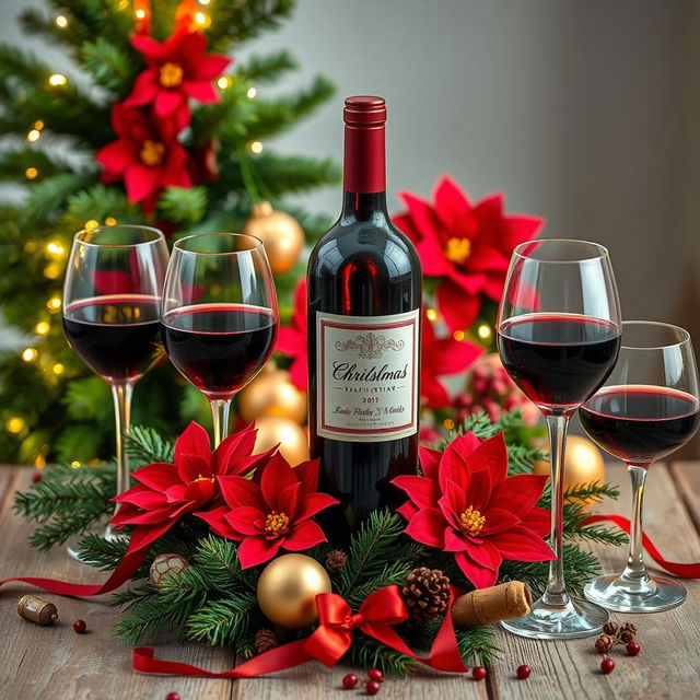 A beautifully arranged wine display with a classic and festive Christmas theme