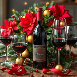 A beautifully arranged wine display with a classic and festive Christmas theme
