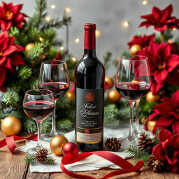 A beautifully arranged wine display with a classic and festive Christmas theme