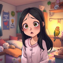 A girl named Nazli looking slightly scared as a bird is present in her room