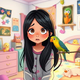 A girl named Nazli looking slightly scared as a bird is present in her room