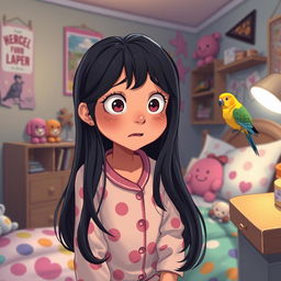 A girl named Nazli looking slightly scared as a bird is present in her room