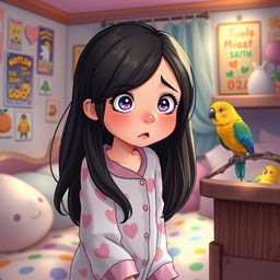 A girl named Nazli looking slightly scared as a bird is present in her room