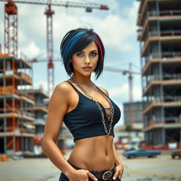 A hot female architect confidently standing on a construction site, showcasing her striking blue eyes and stylish short black hair with eye-catching blue and red stripes