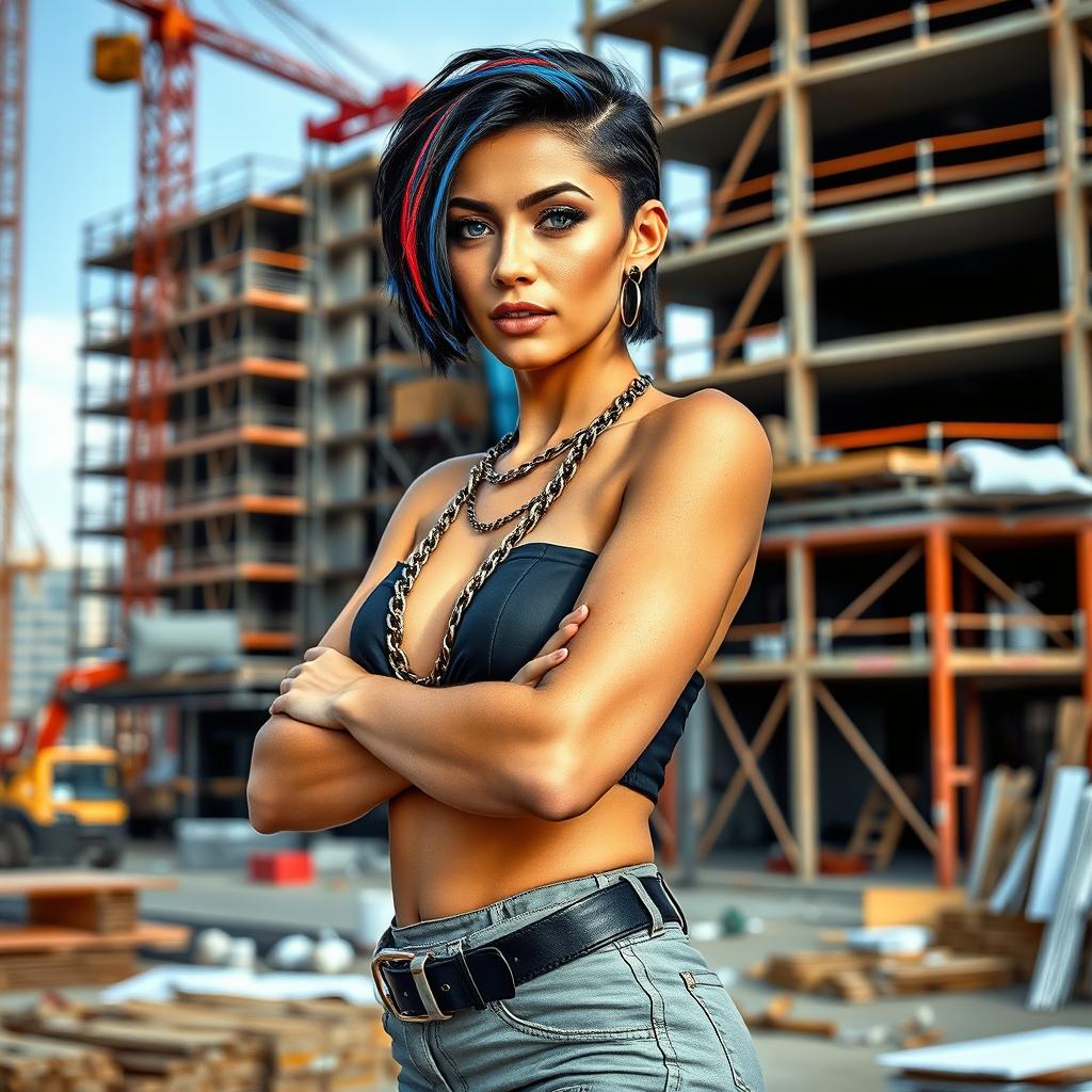 A hot female architect confidently standing on a construction site, showcasing her striking blue eyes and stylish short black hair with eye-catching blue and red stripes