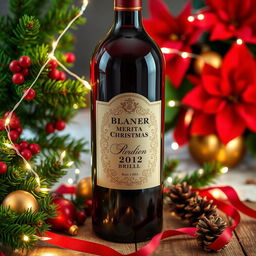 A close-up of an elegant red wine bottle featuring a classic, festive Christmas theme