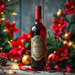 A close-up of an elegant red wine bottle featuring a classic, festive Christmas theme