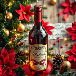 A close-up of an elegant red wine bottle featuring a classic, festive Christmas theme