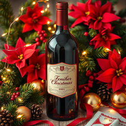 A close-up of an elegant red wine bottle featuring a classic, festive Christmas theme