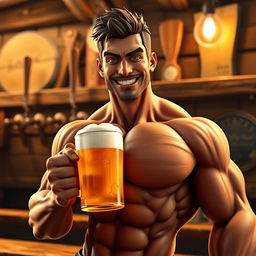 A highly detailed 3D rendering of a muscular man holding a frothy beer mug