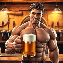 A highly detailed 3D rendering of a muscular man holding a frothy beer mug