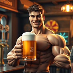 A highly detailed 3D rendering of a muscular man holding a frothy beer mug