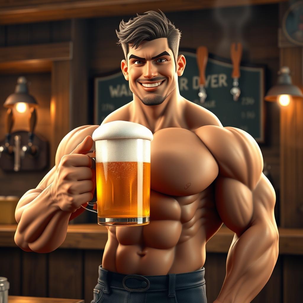 A highly detailed 3D rendering of a muscular man holding a frothy beer mug