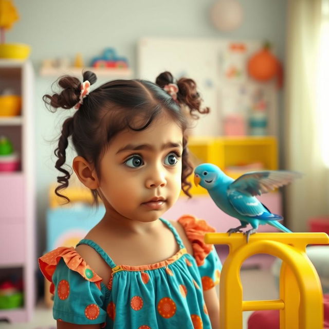 A young girl named Nazli looking slightly scared as a small bird is in her room