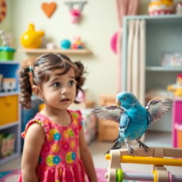 A young girl named Nazli looking slightly scared as a small bird is in her room