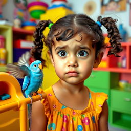 A young girl named Nazli looking slightly scared as a small bird is in her room