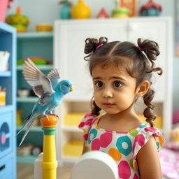 A young girl named Nazli looking slightly scared as a small bird is in her room