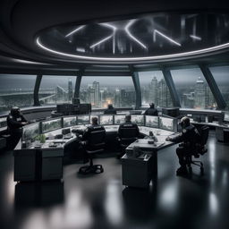 A bright, glass penthouse office imitating a SWAT control room with 4 officers at screens on an arc console plus another officer alone at a separate desk and screen. The design draws inspiration from the architecture in the provided link.